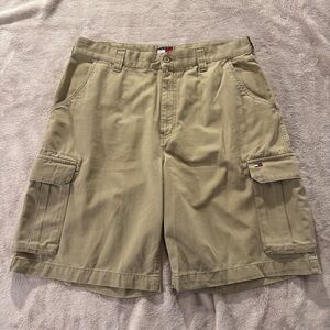 Vintage Y2K Tommy Hilfiger Flag Logo Tan Khaki Cargo Shorts